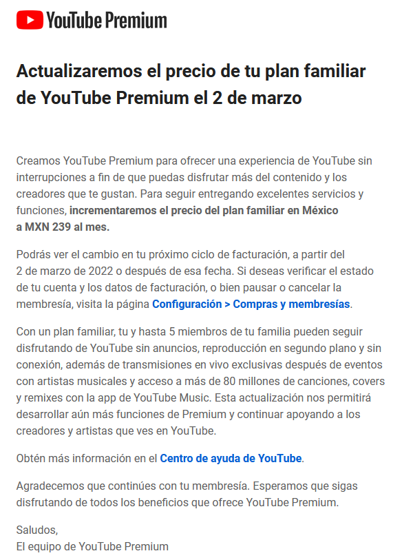 Comunicado YouTube Premium 