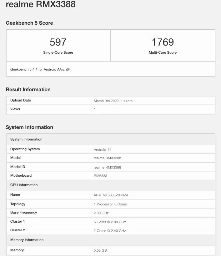 Realme 9 5G Geekbench